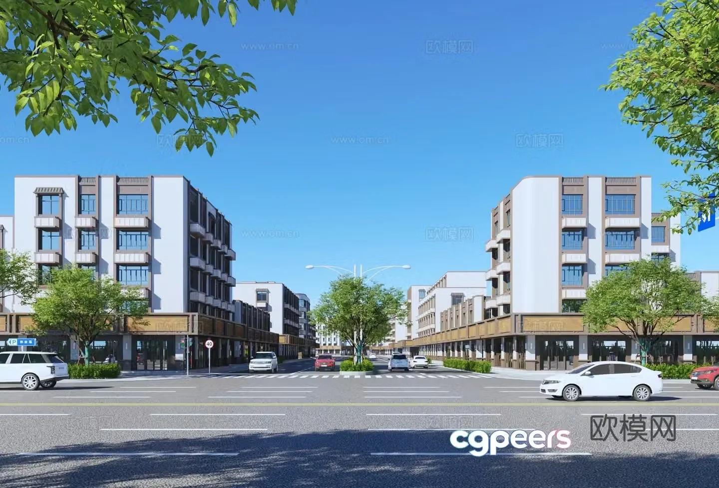 3D model of new Chinese-style commercial buildings along the street