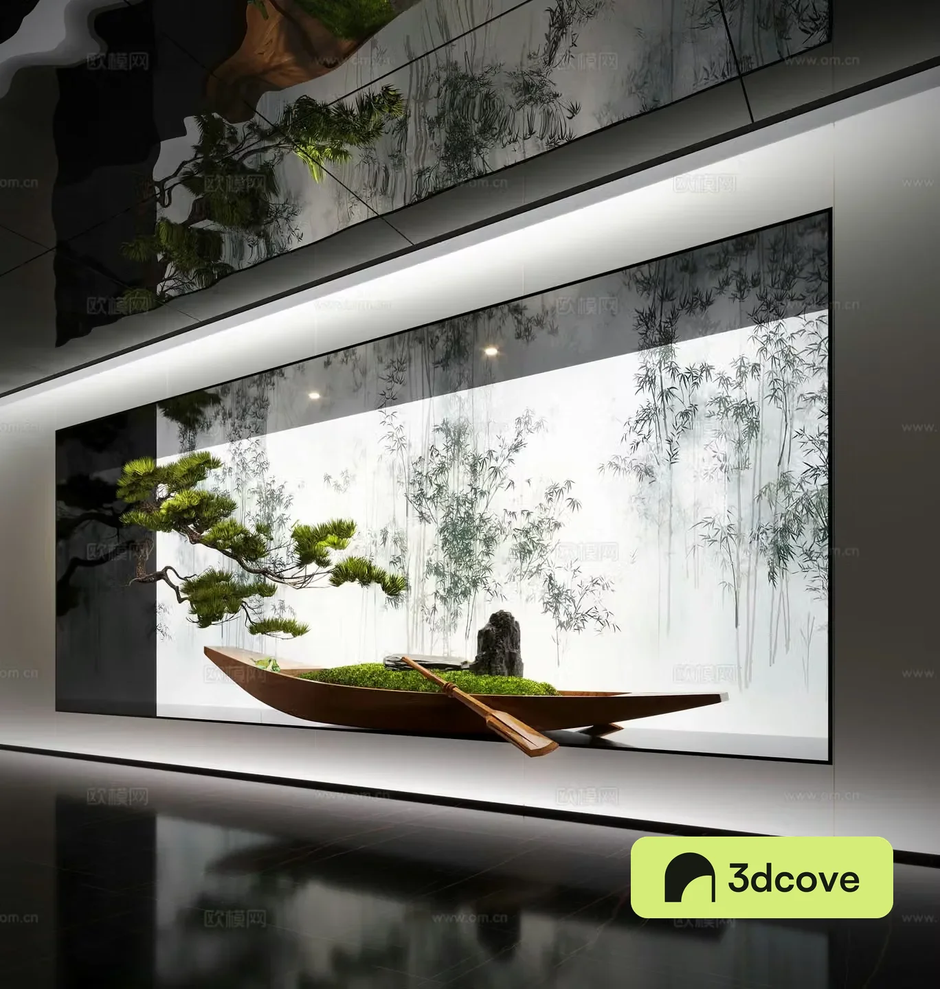 Modern art installation boat installation moss upside down pine trees interior landscape