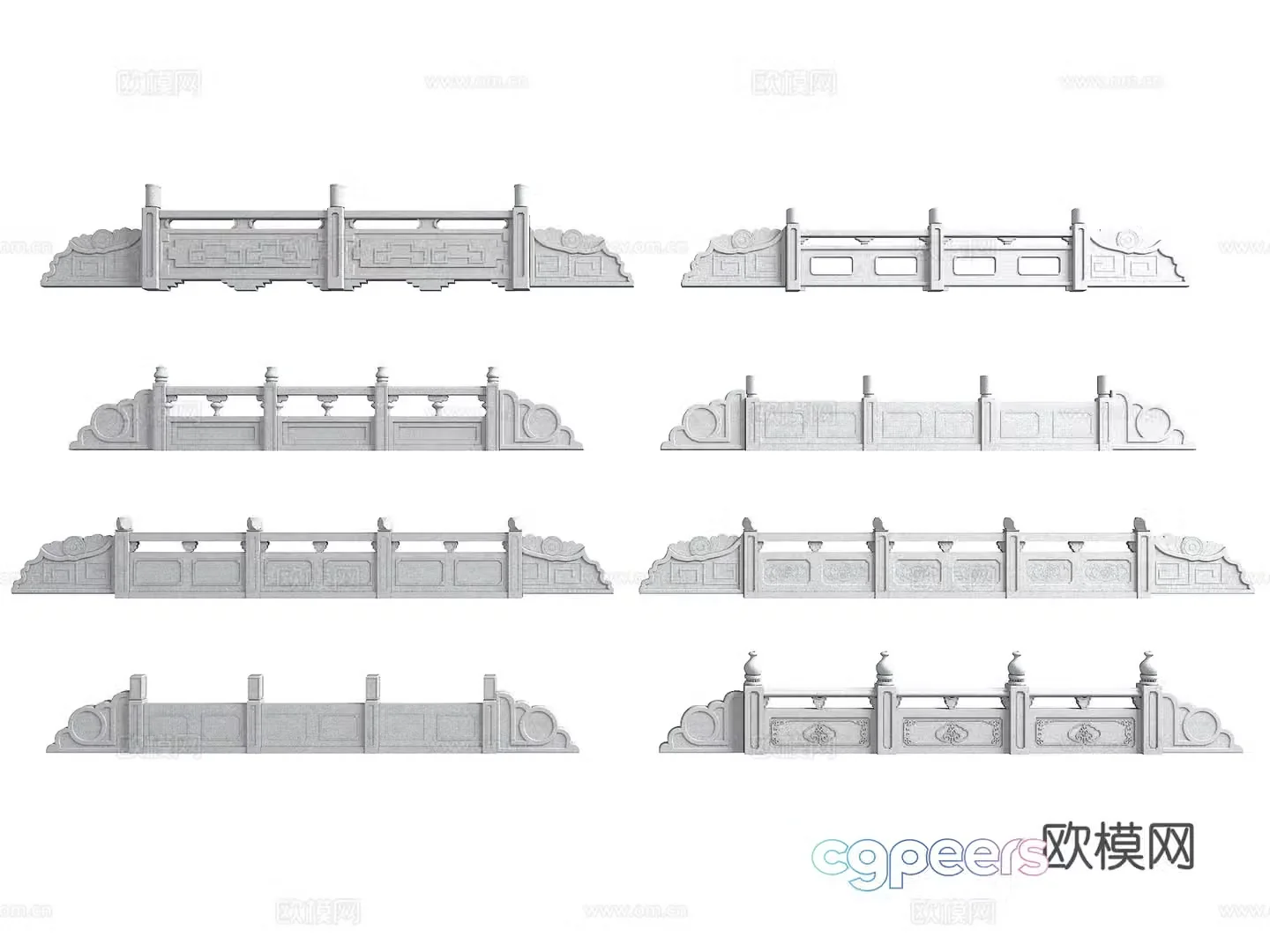 Chinese stone railing bridge railing river guardrail white marble railing 3D model