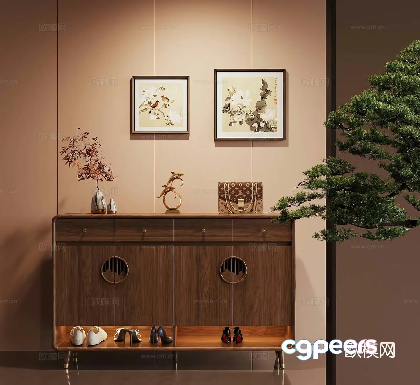 New Chinese style shoe cabinet entrance cabinet 3D model of hanging paintings