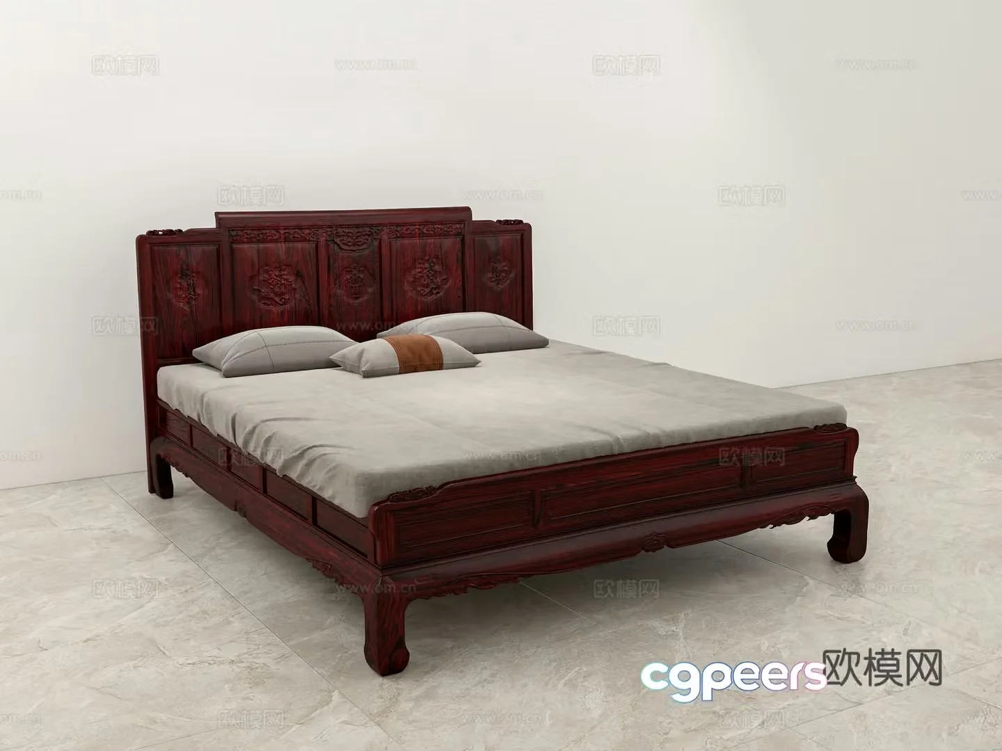 Chinese double bed high body bed carved bedside head solid wood mahogany 3D model