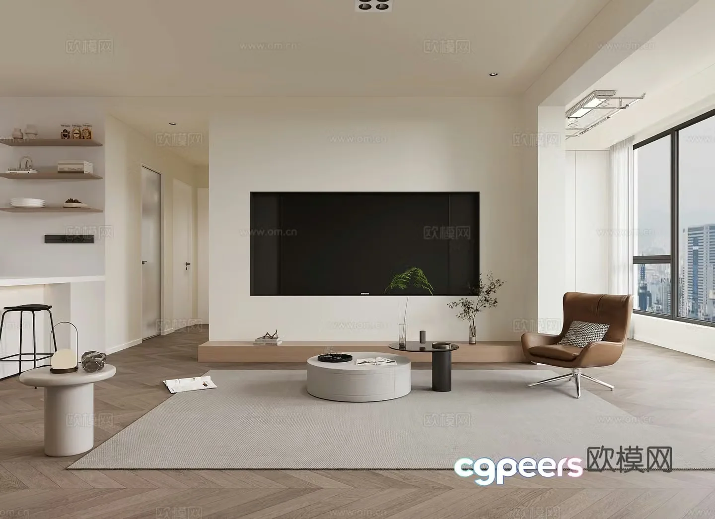 Modern living room TV background wall bar lounge chair modern living room simple creamy 3d model