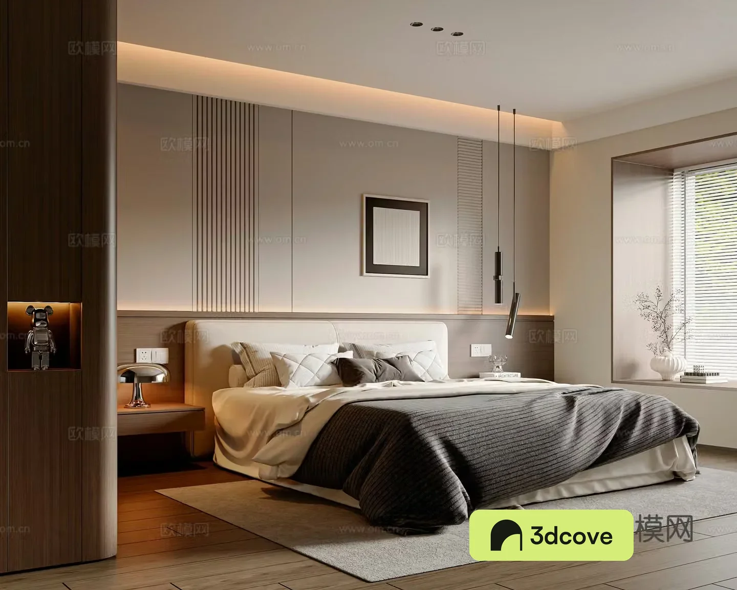 Modern simple bedroom fabric double bed bedroom painting wardrobe desk lamp chandeliers
