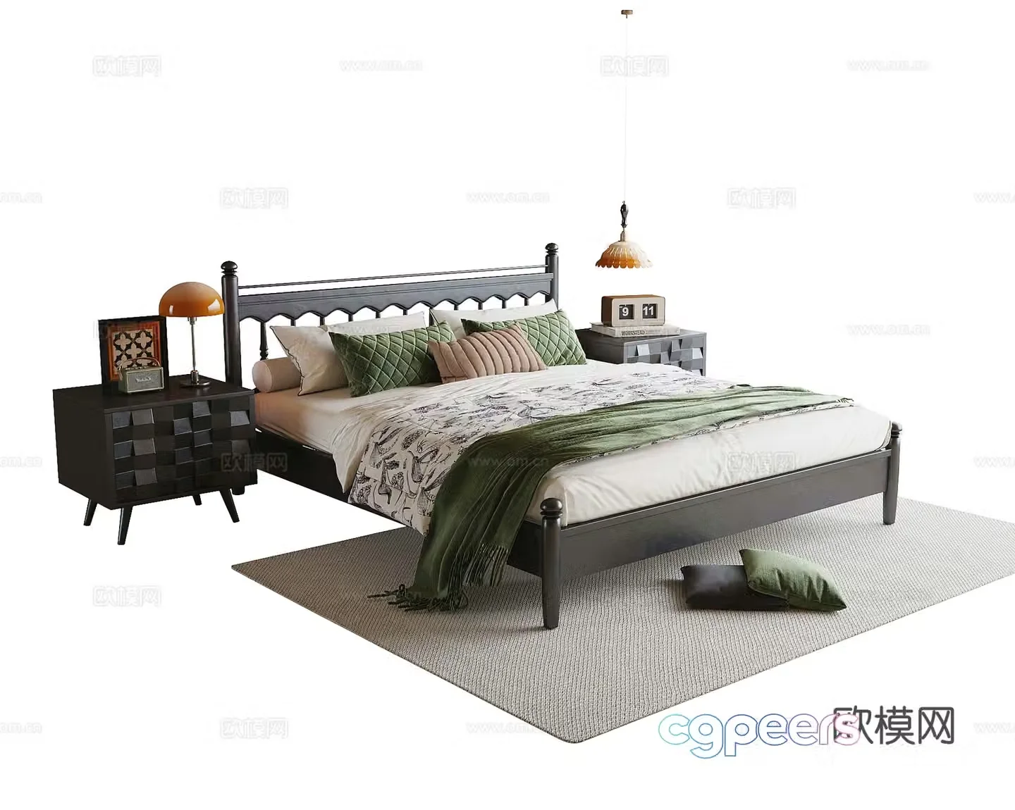 French double bed nightstand desk lamp bedside chandeliers 3D model