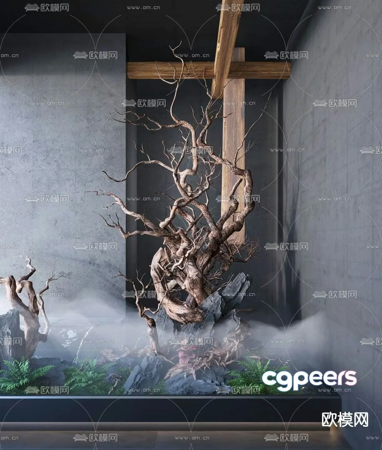 Indoor dead wood landscape 3D model of overlapping water landscaping