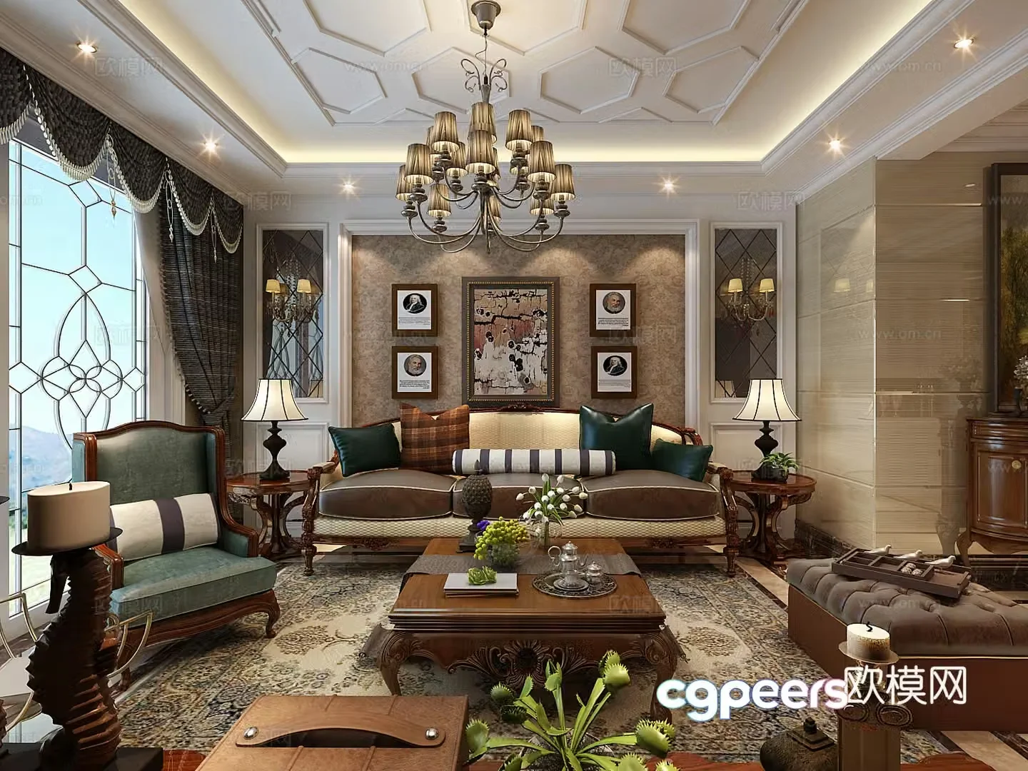 European classical living room chandeliers desk lamp multi-person sofa single sofa coffee table 3D model