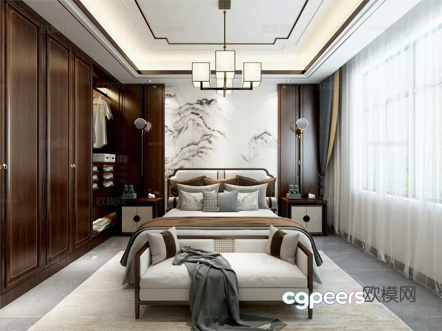 New Chinese style bedroom double bed nightstand wall lamp carpet jewelry ornaments desk lamp 3d model