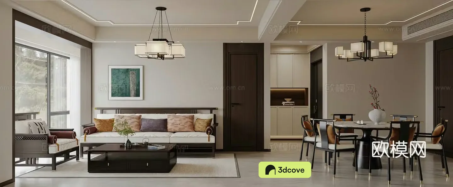New Chinese style living and dining room combination hair leisure chair round dining table TV background wall