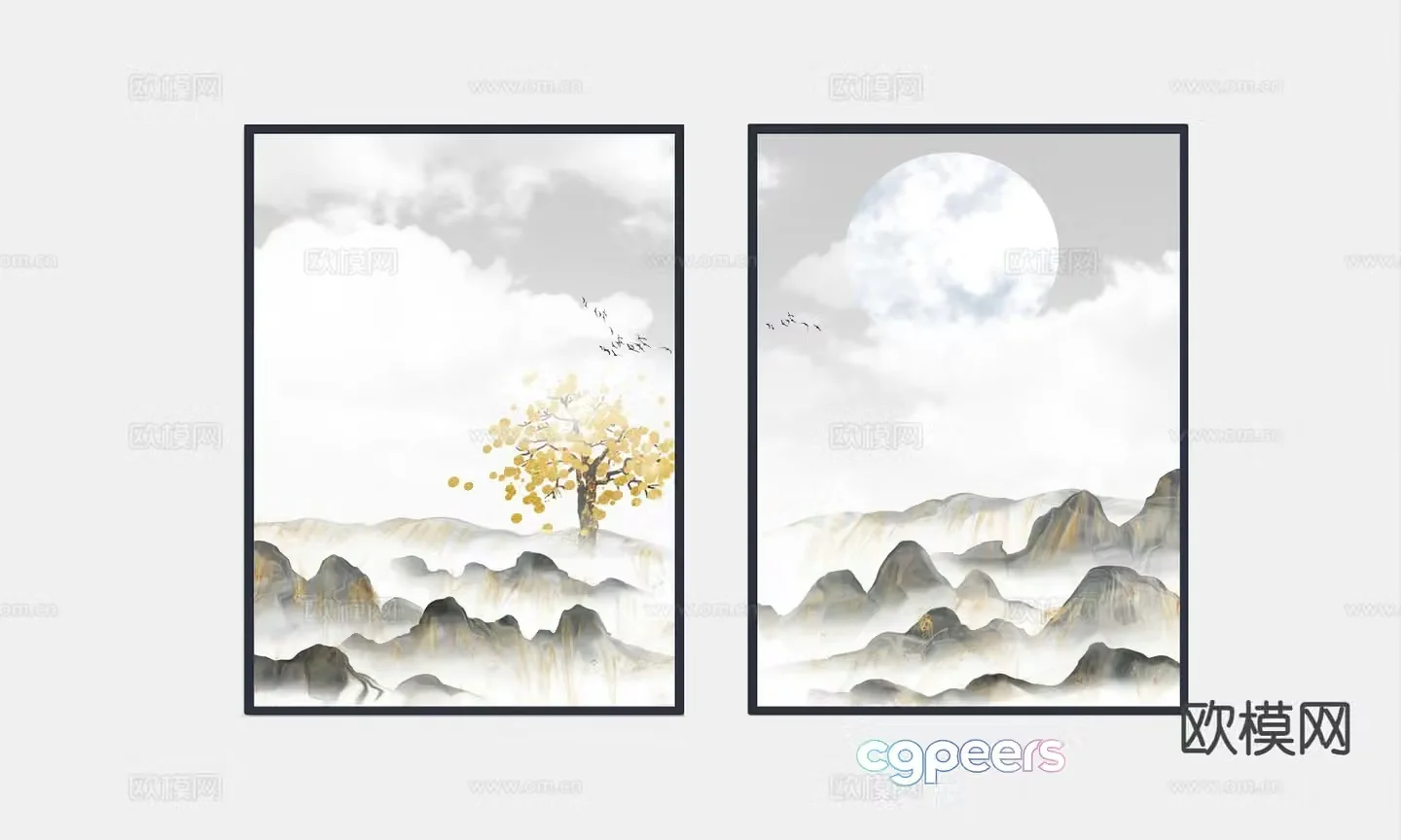 New Chinese style landscape painting decorative painting 3D model