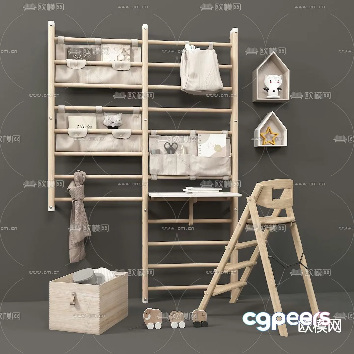 Modern children’s desk and chair storage hanging bag 3D model