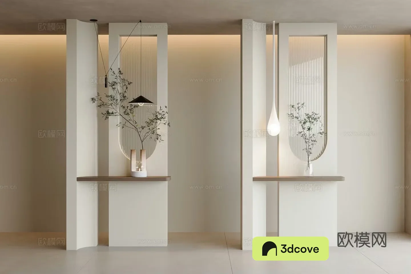 Modern cream style partition wall entrance partition glass partition green plant small chandelier entrance partition