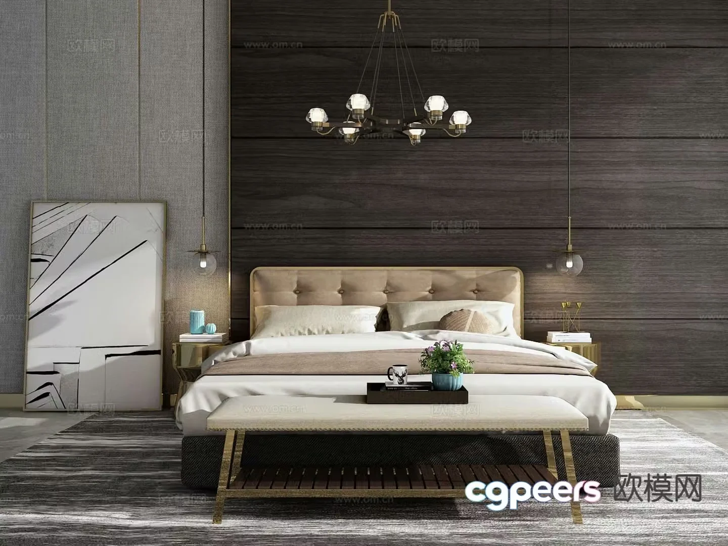 Light luxury double bed 3D model