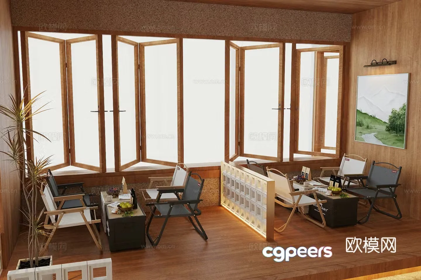 Log wood style milk tea shop dessert shop 3d model
