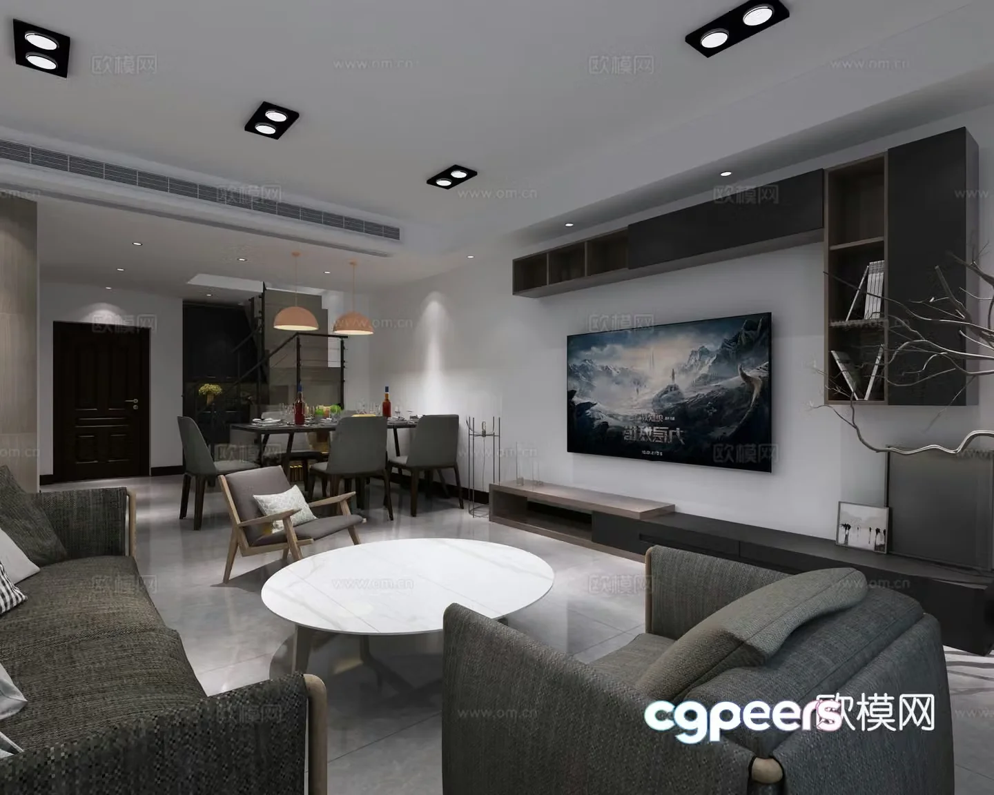 Modern living and dining room bedroom Multi-person sofa Single sofa Coffee table Storage rack Double bed 3D model