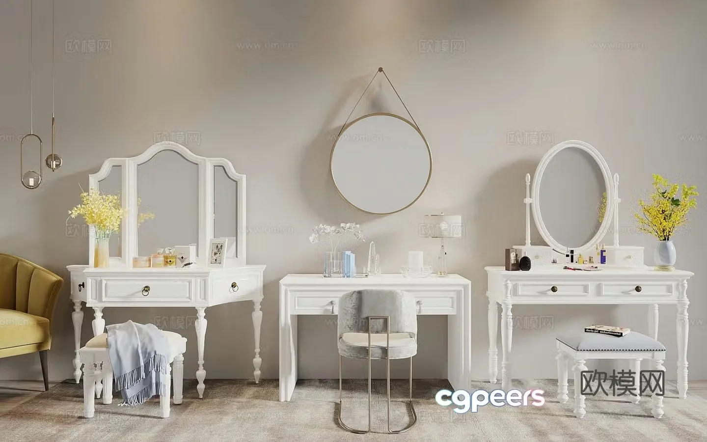 American French style dressing table dressing table combination cosmetics combination 3D model
