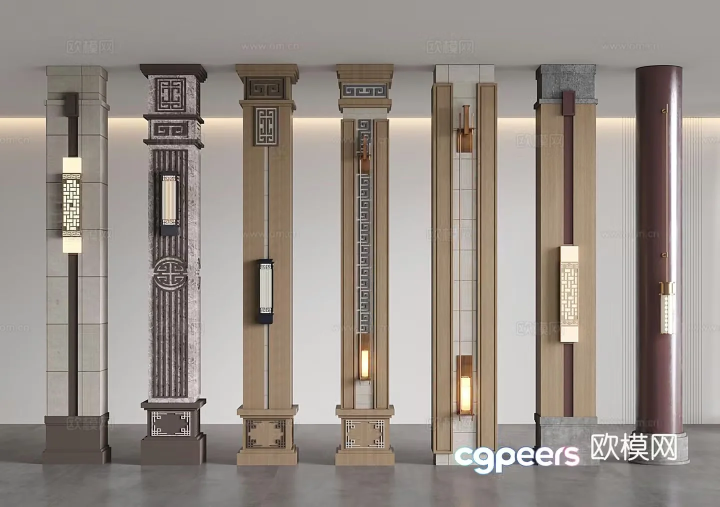 New Chinese style Chinese column Square column Cylinder column Modeling decorative column 3D model