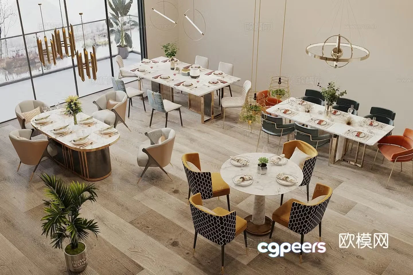 Modern cream style dining table and chair combination long table round table dining table and chair combination dining table and chair combination dining chandeliers 3D model