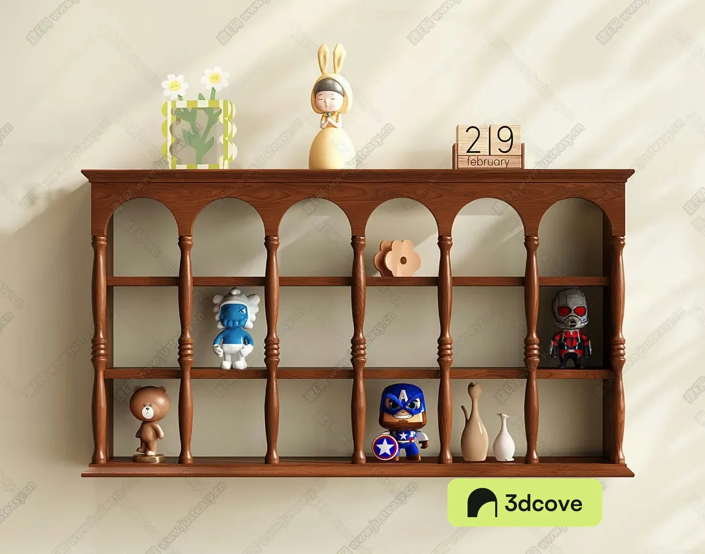 A Wooden Shelf With Decorative Items