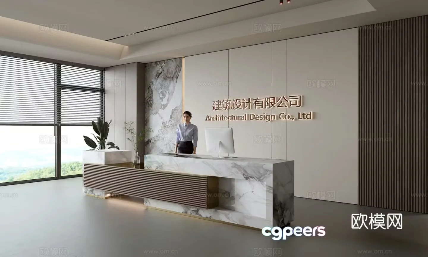 Modern company front desk reception area bar reception desk service desk company front desk background 3D model