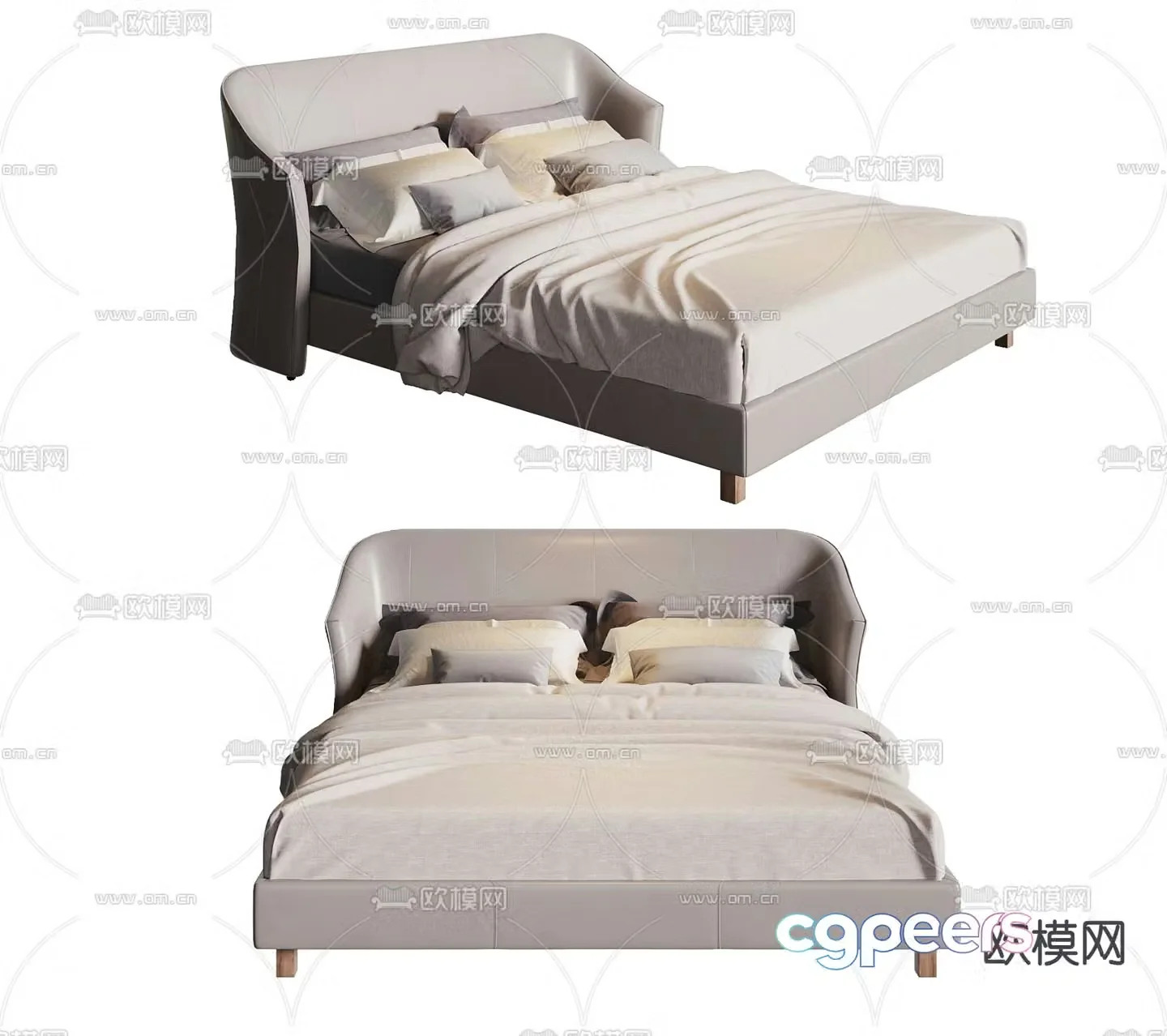 Light luxury leather double bed 3D model