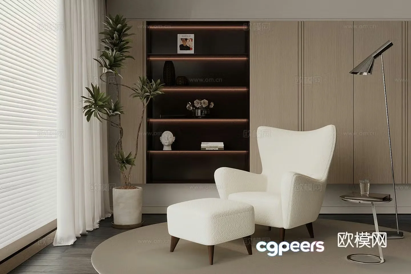 Modern leisure chair Italian light luxury single sofa pedal green plants decorative cabinet 3D model