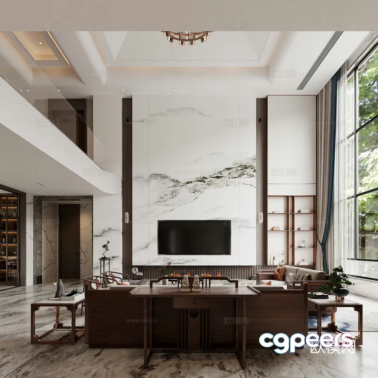 New Chinese style villa living and dining room 3D model