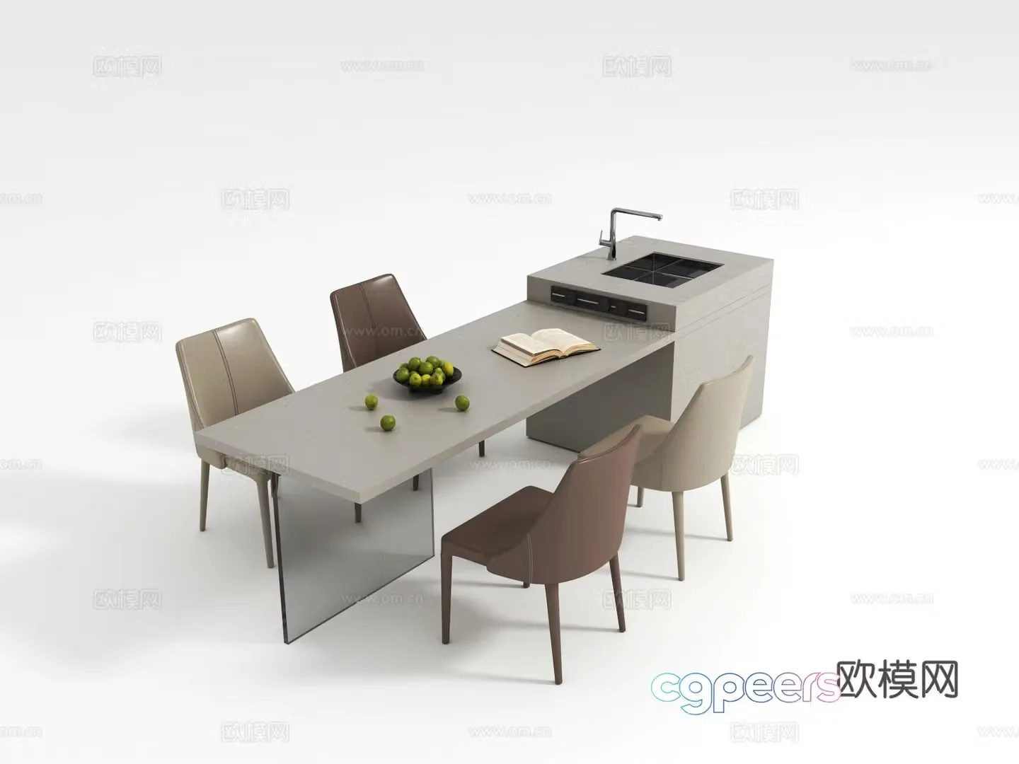 Modern island dining table and chair 3d model
