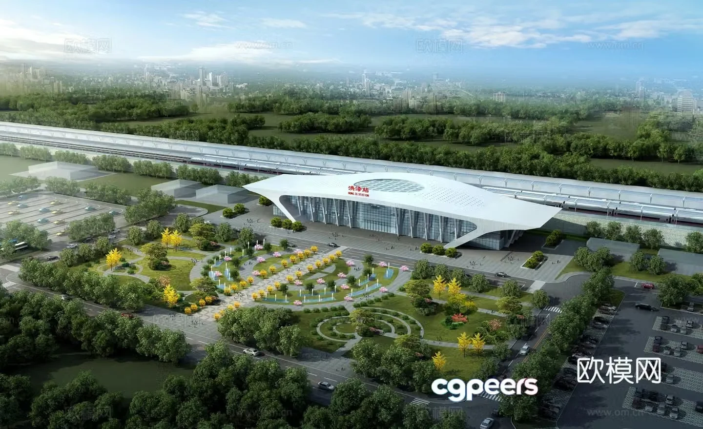 Aerial view 3d model of high speed rail station
