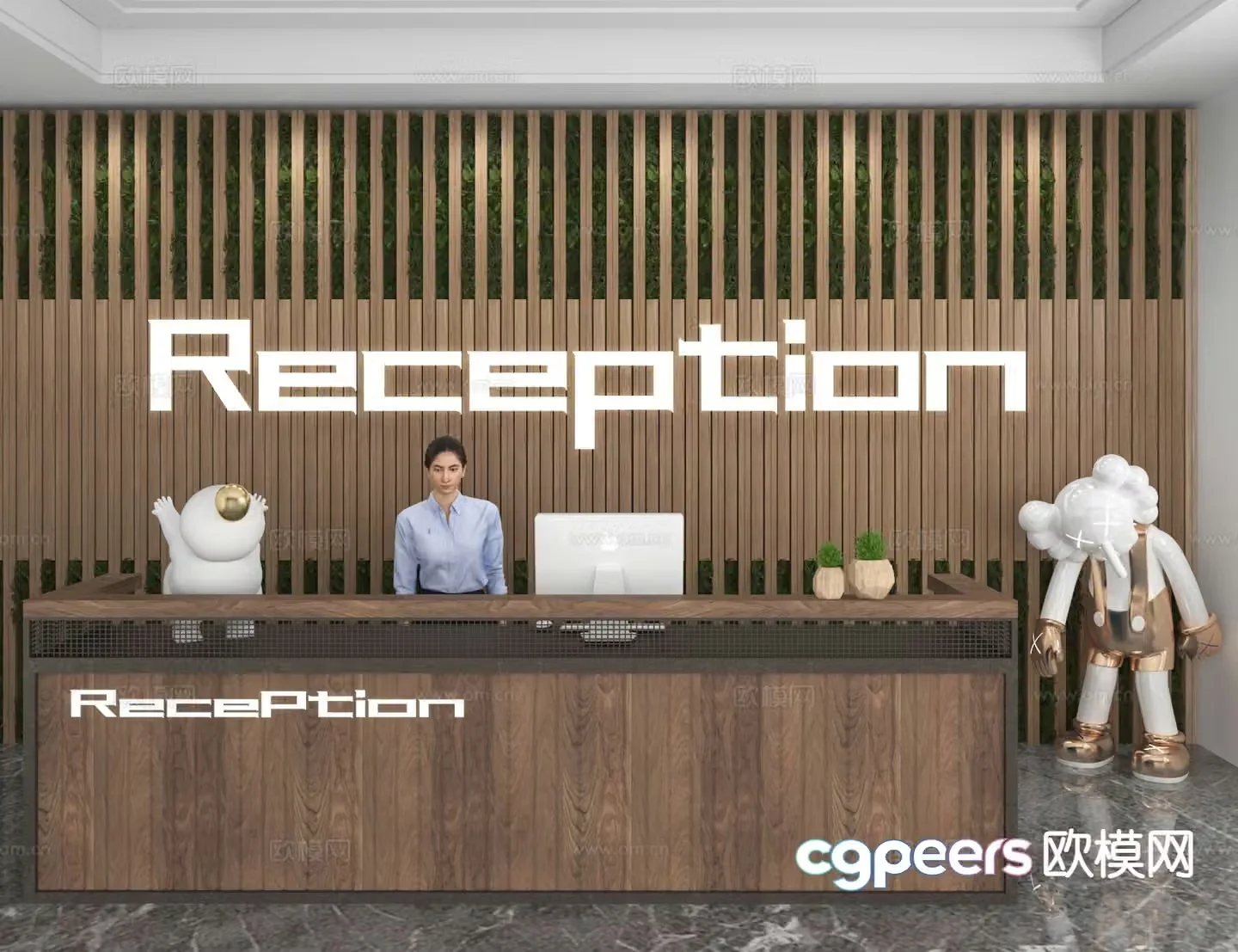 Modern front desk reception desk information desk office background 3d model