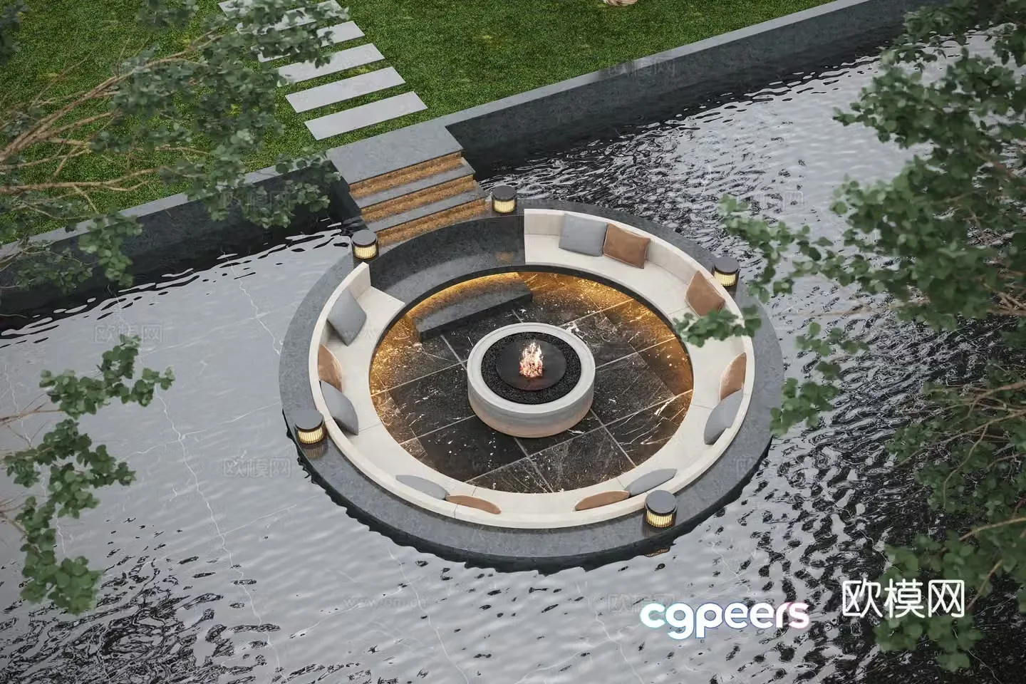 Modern courtyard booth garden water view garden lights 3d model