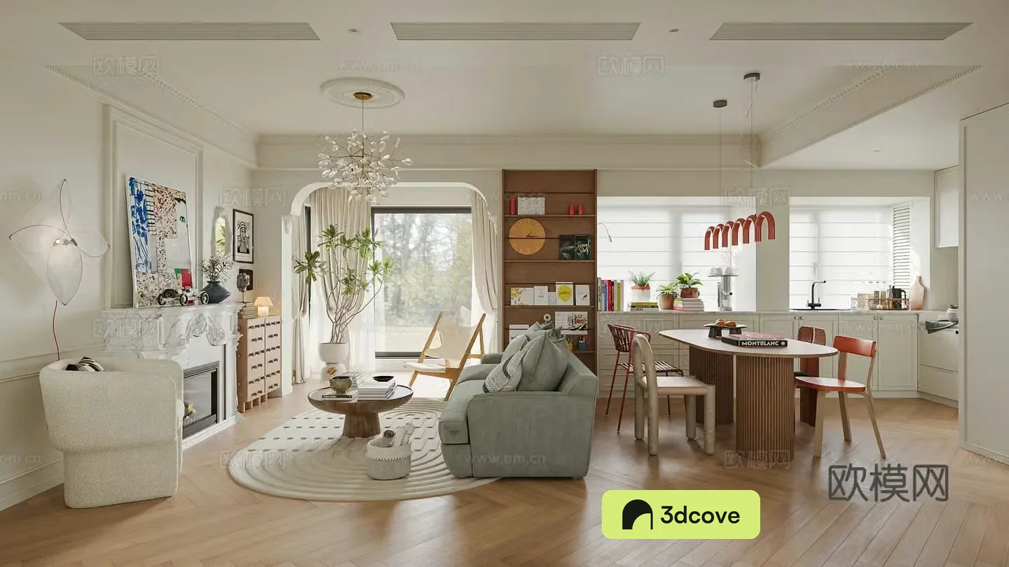 Modern medieval style living room fireplace bookshelf horizontal hall open kitchen French medieval mixed match