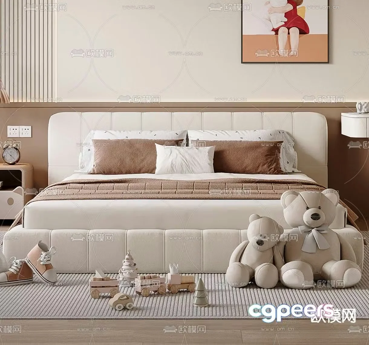 Cream style double bed 3d model