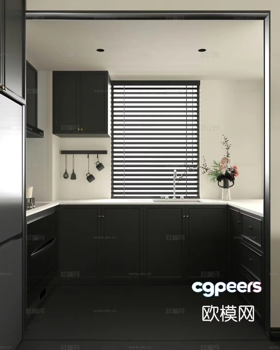 French black white and gray modern kitchen 3d model