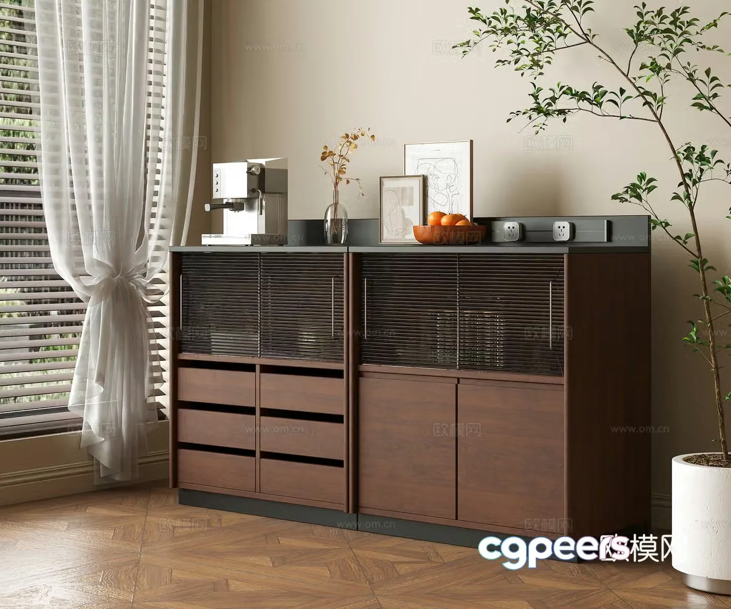 Middle-aged sideboard sideboard ornaments dining cabinet sideboard 3D model
