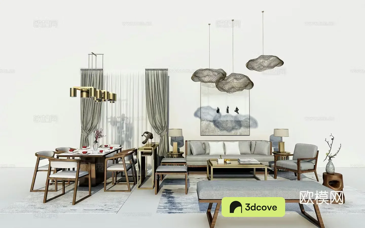 New Chinese style living and dining room sofa single chair side several chandeliers dining table chair collapse carpet hanging painting curtain decoration combination 3D model