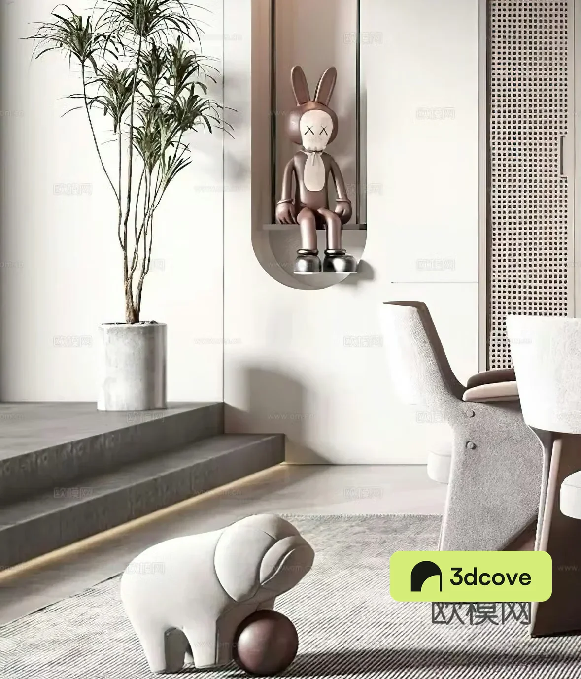 Modern porch opposite wall ornament decoration sculpture potted plant leisure chair aisle