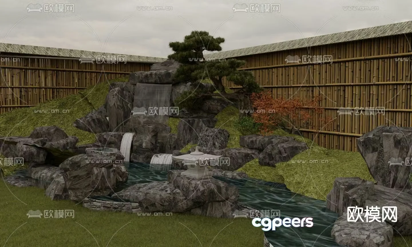 Rockery waterscape stacked stone sketch waterfall and flowing water 3D model