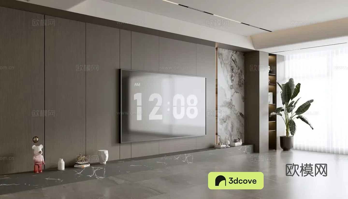 Modern Italian living room wooden veneer TV background wall full wall marble background wall