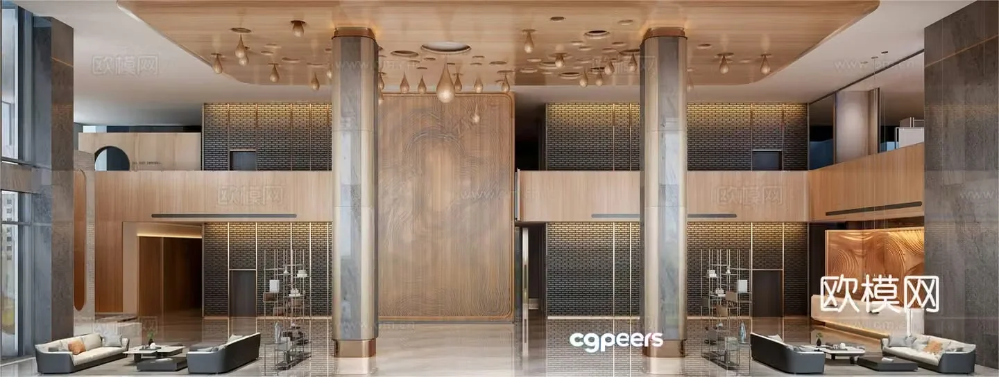 Modern hotel lobby art installation reception desk lounge area 3D model