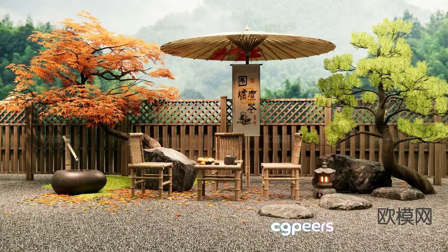 Chinese outdoor tables and chairs bamboo outdoor chairs tea making by the fire 3D model