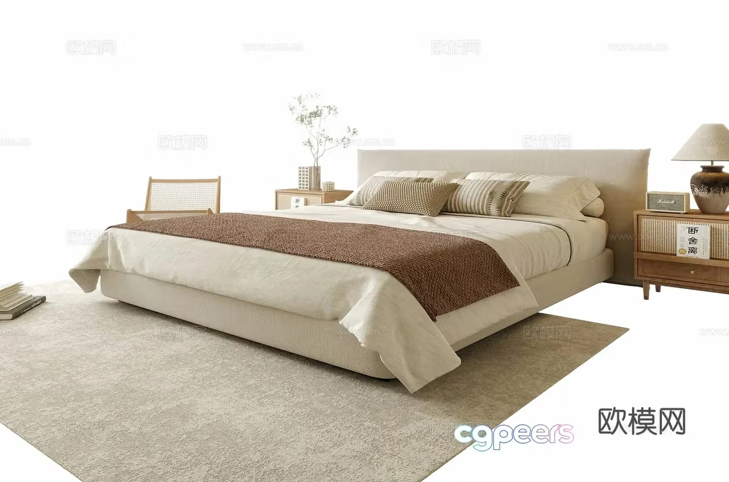Modern double bed nightstand leisure chair 3d model