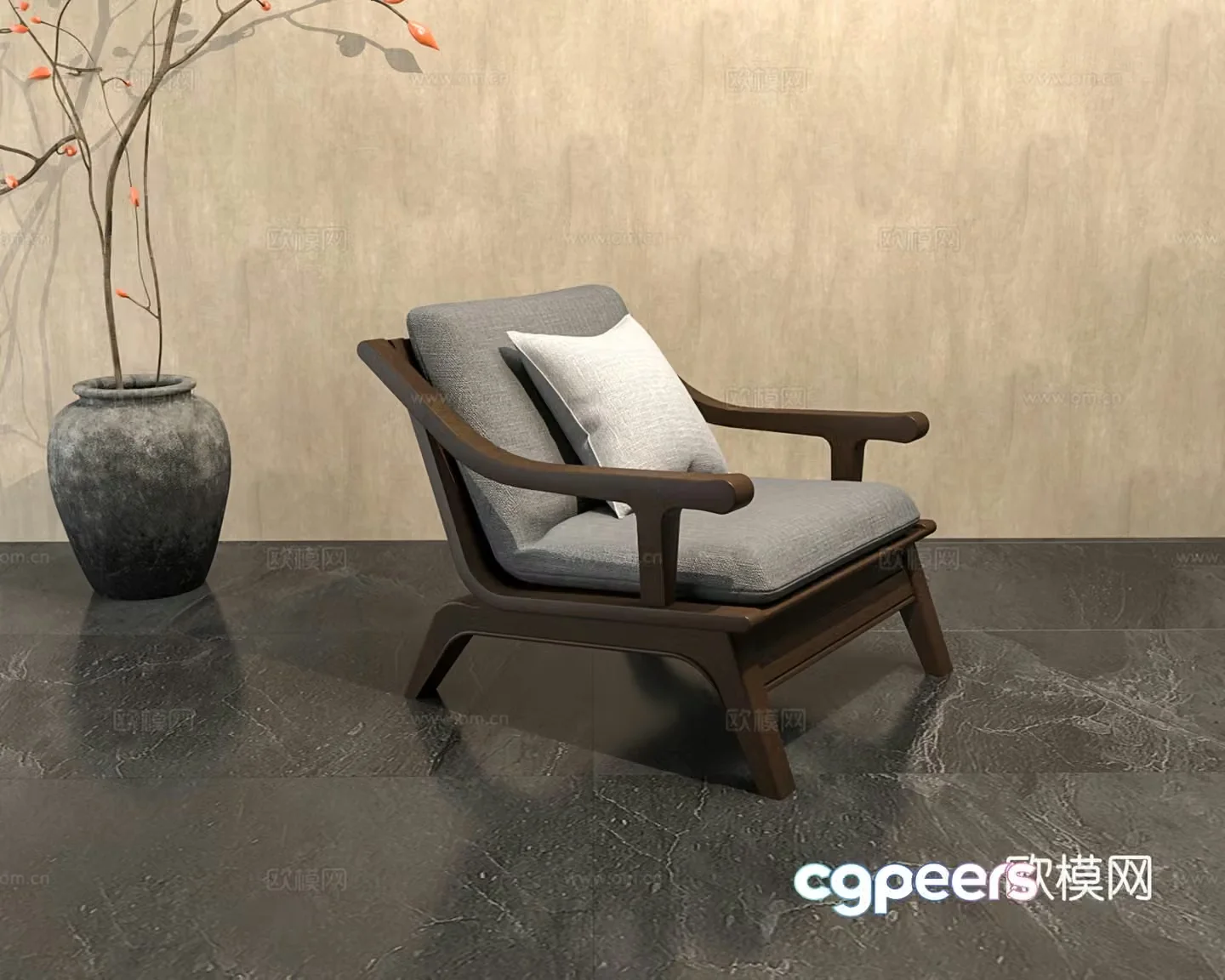 New Chinese-style solid wood single sofa Wasabi style solid wood sofa simple sofa 3D model