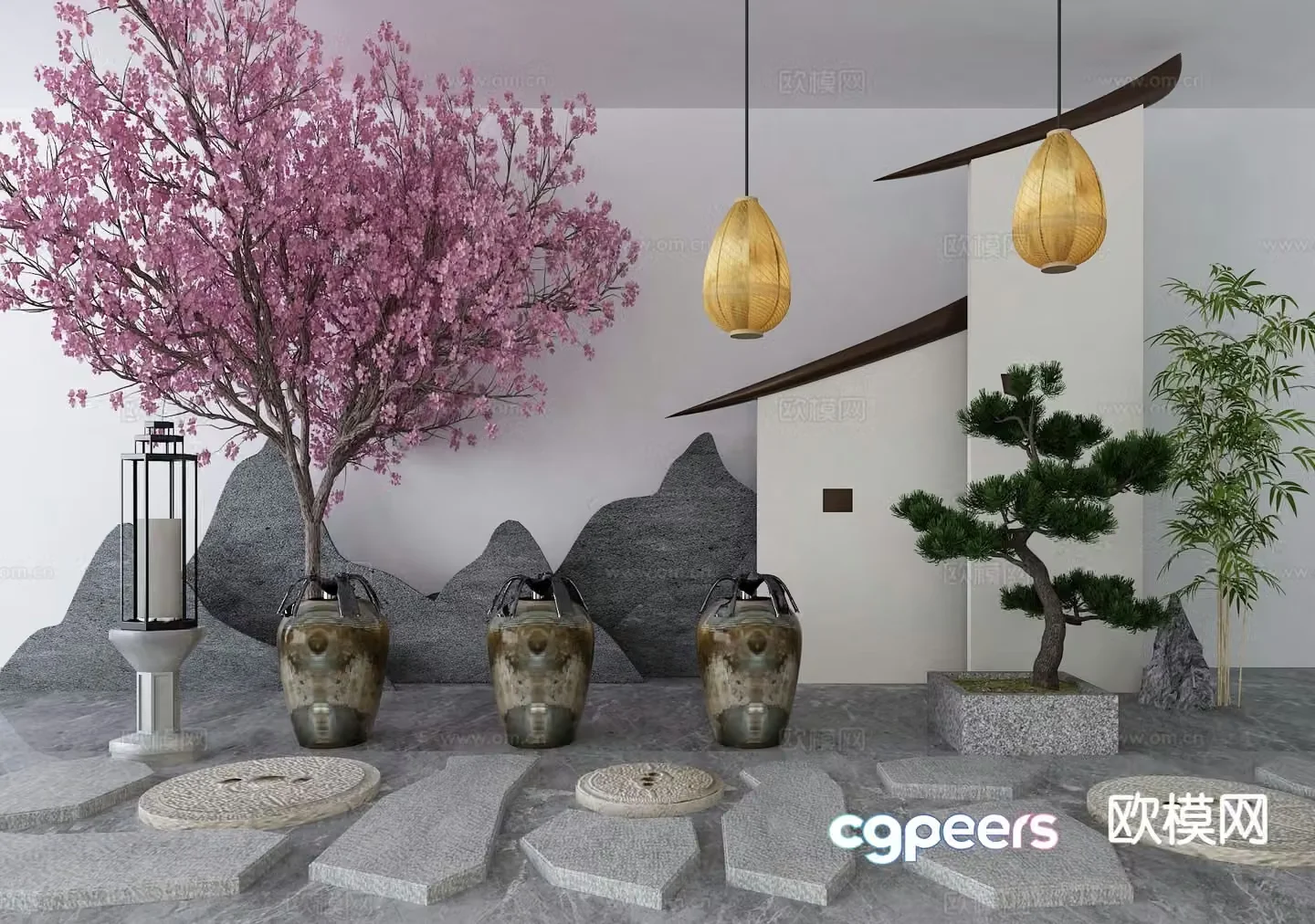 New Chinese style landscape sketch stone steps clay pot 3D model