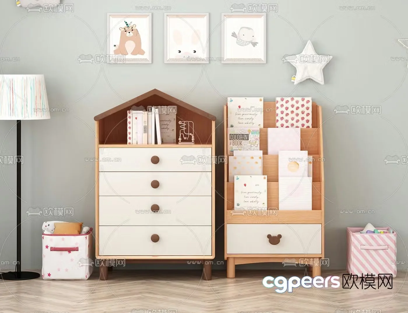 Nordic children’s bookcase storage cabinet 3D model