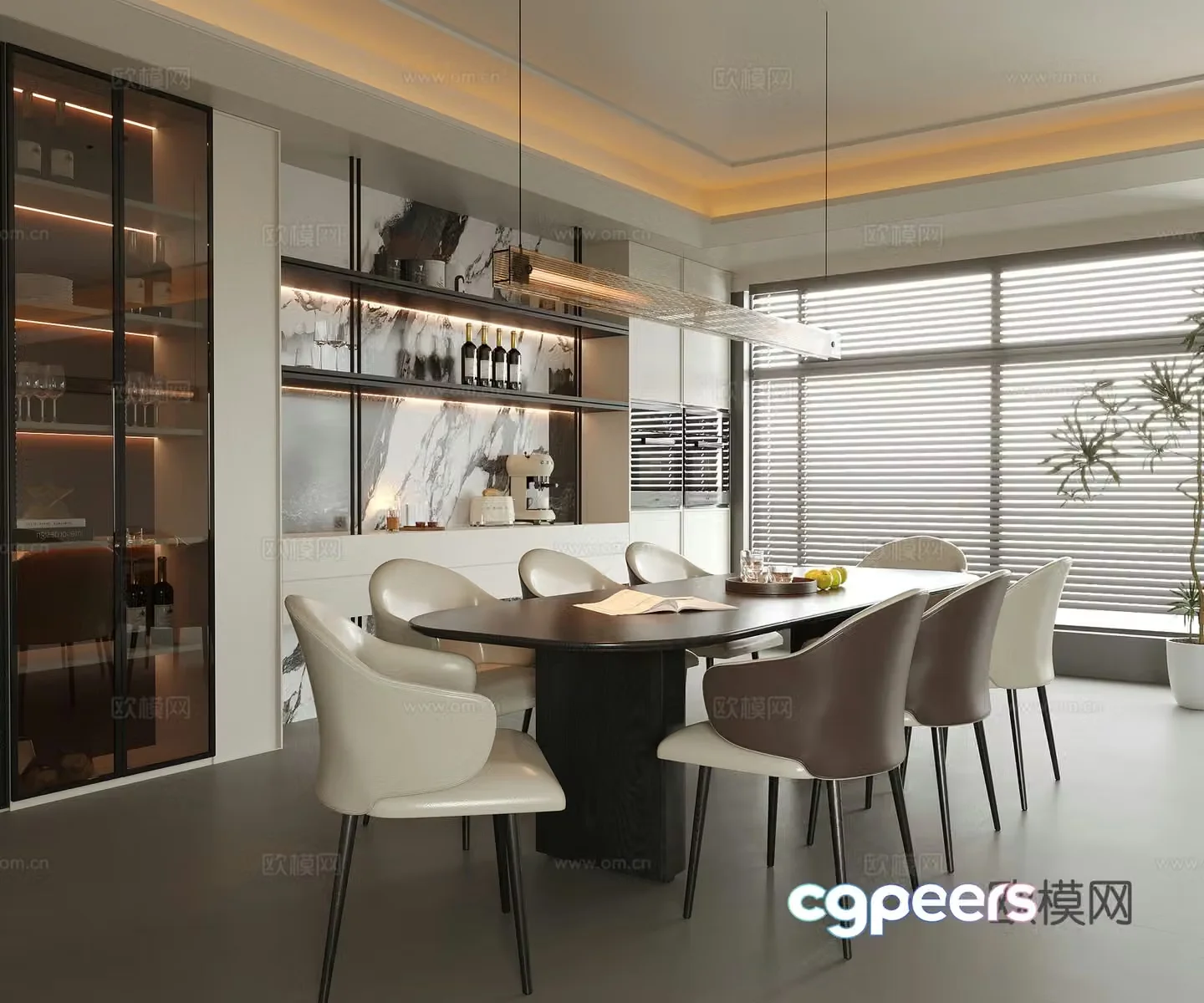 Modern restaurant dining table and chair wine cabinet sideboard 3d model