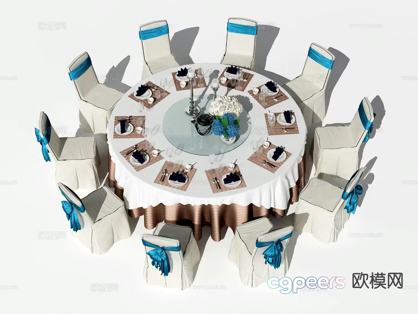 Eight-person dining table and chairs large round table 3D model