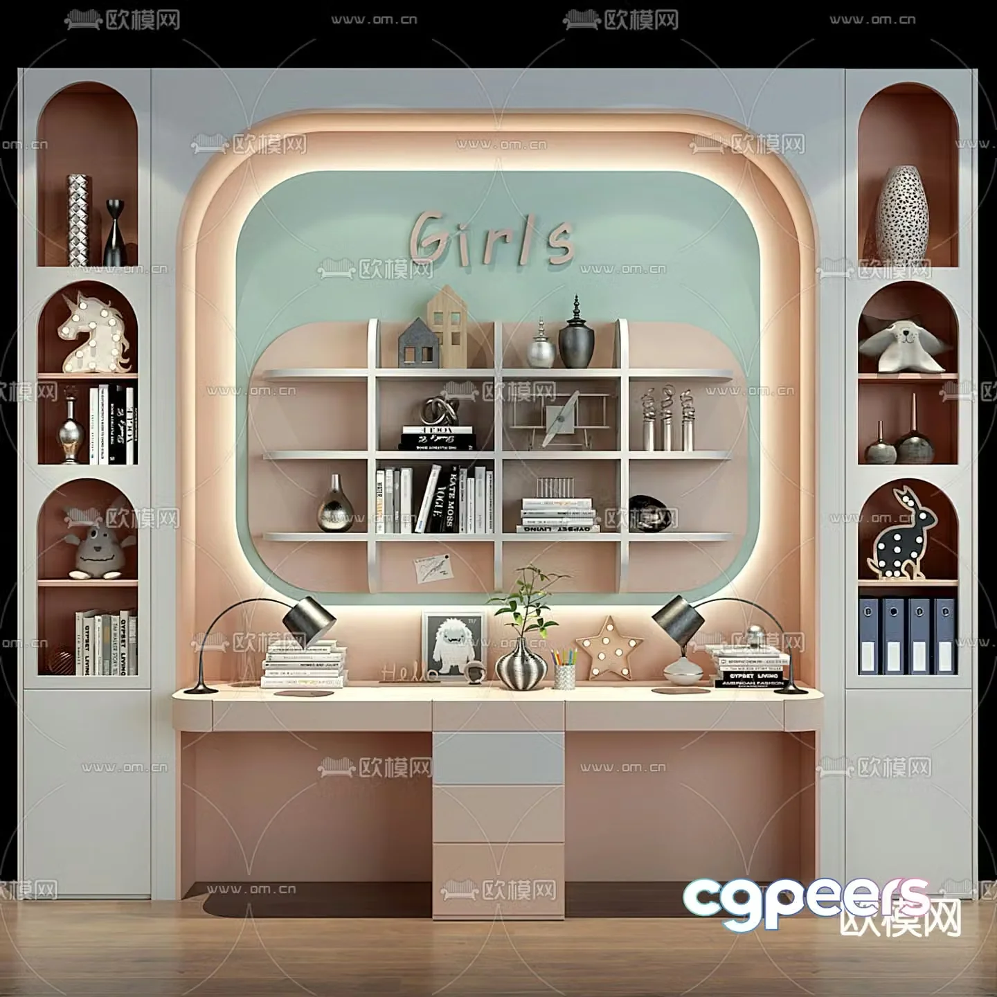 Modern children’s desk bookcase combination 3d model
