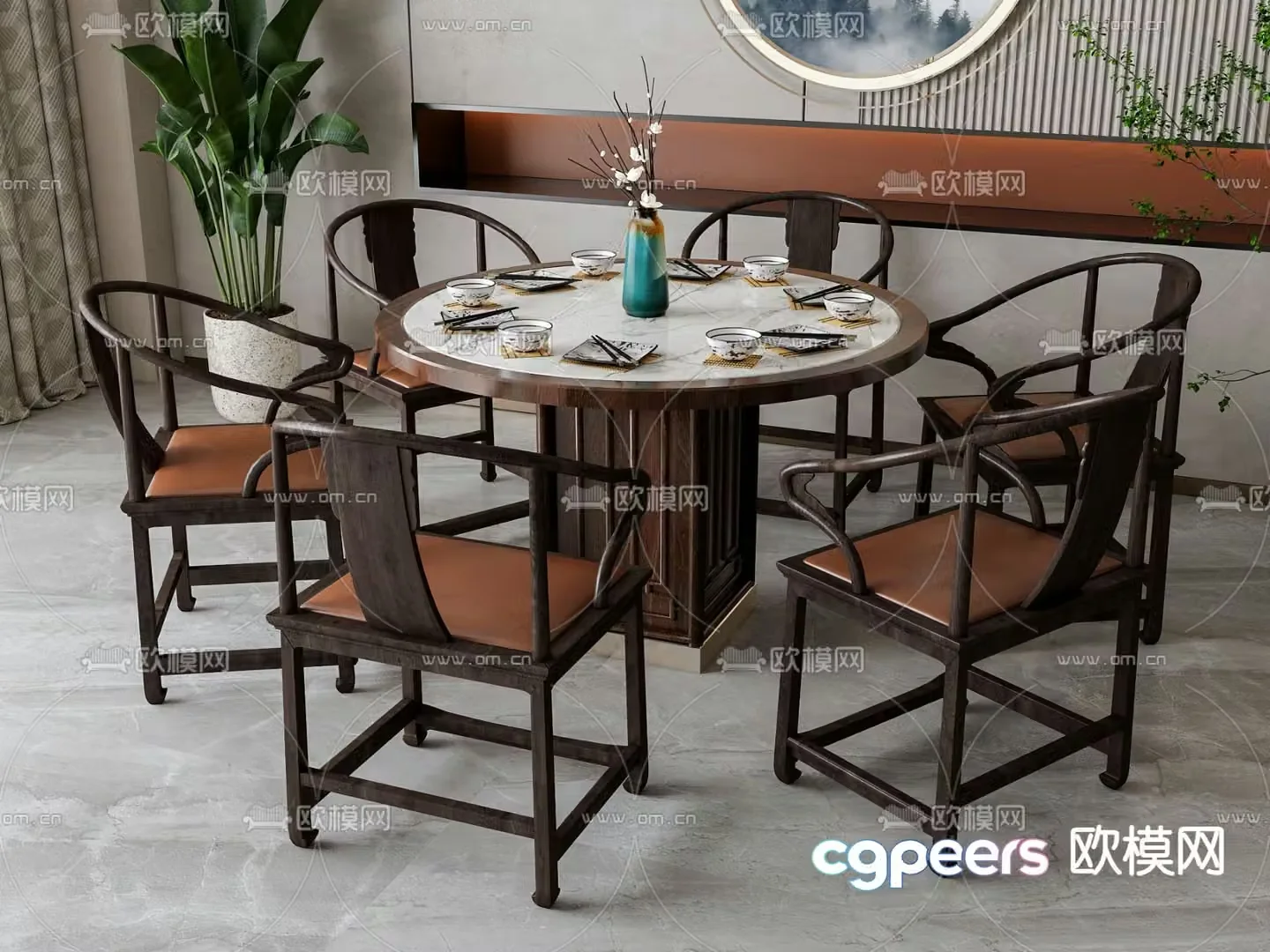 New Chinese dining table and chairs 3d model