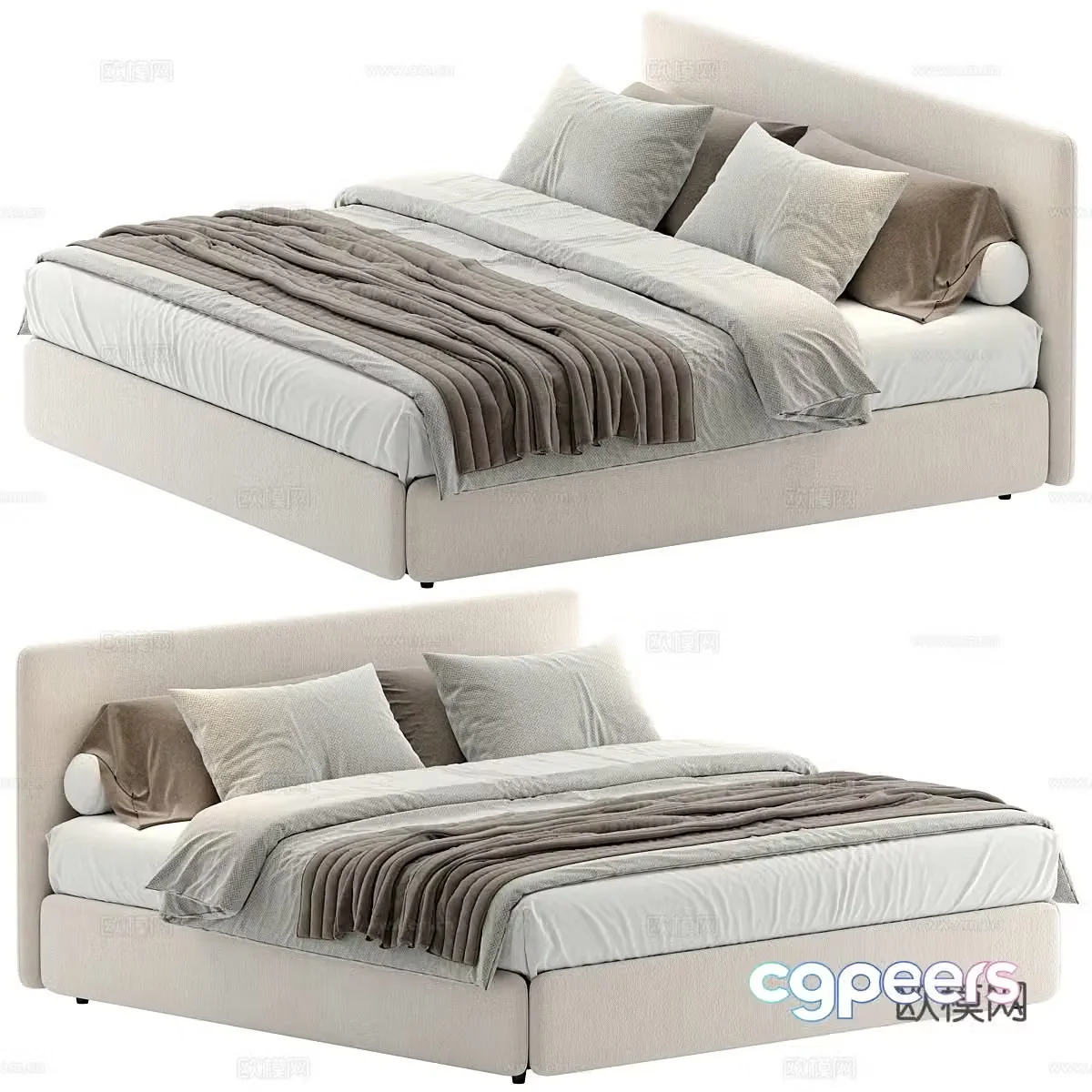 Modern cream style fabric double bed 3d model