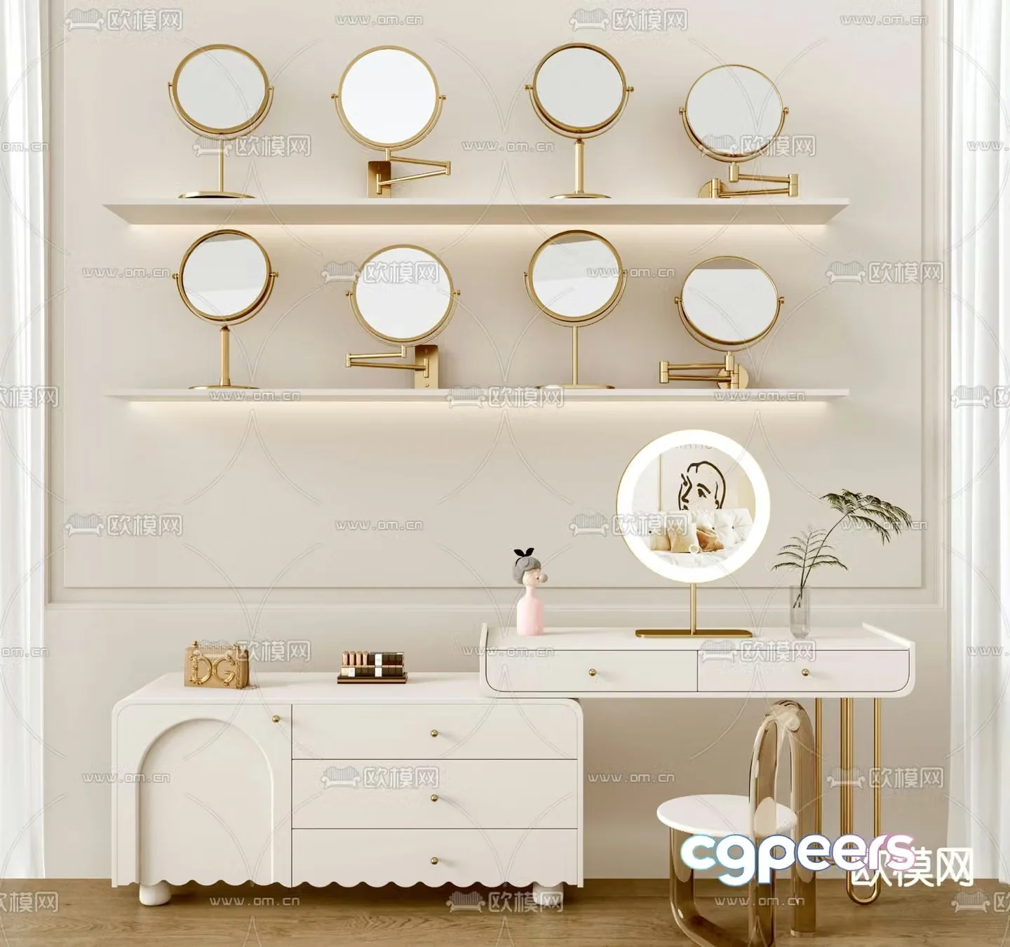 Light luxury dressing table cosmetic mirror 3D model